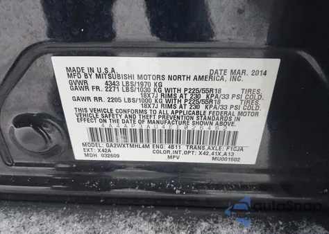 2014 Mitsubishi Outlander Sport Es z USA, uszkodzony, nr VIN 4A4AP3AU4EE026462